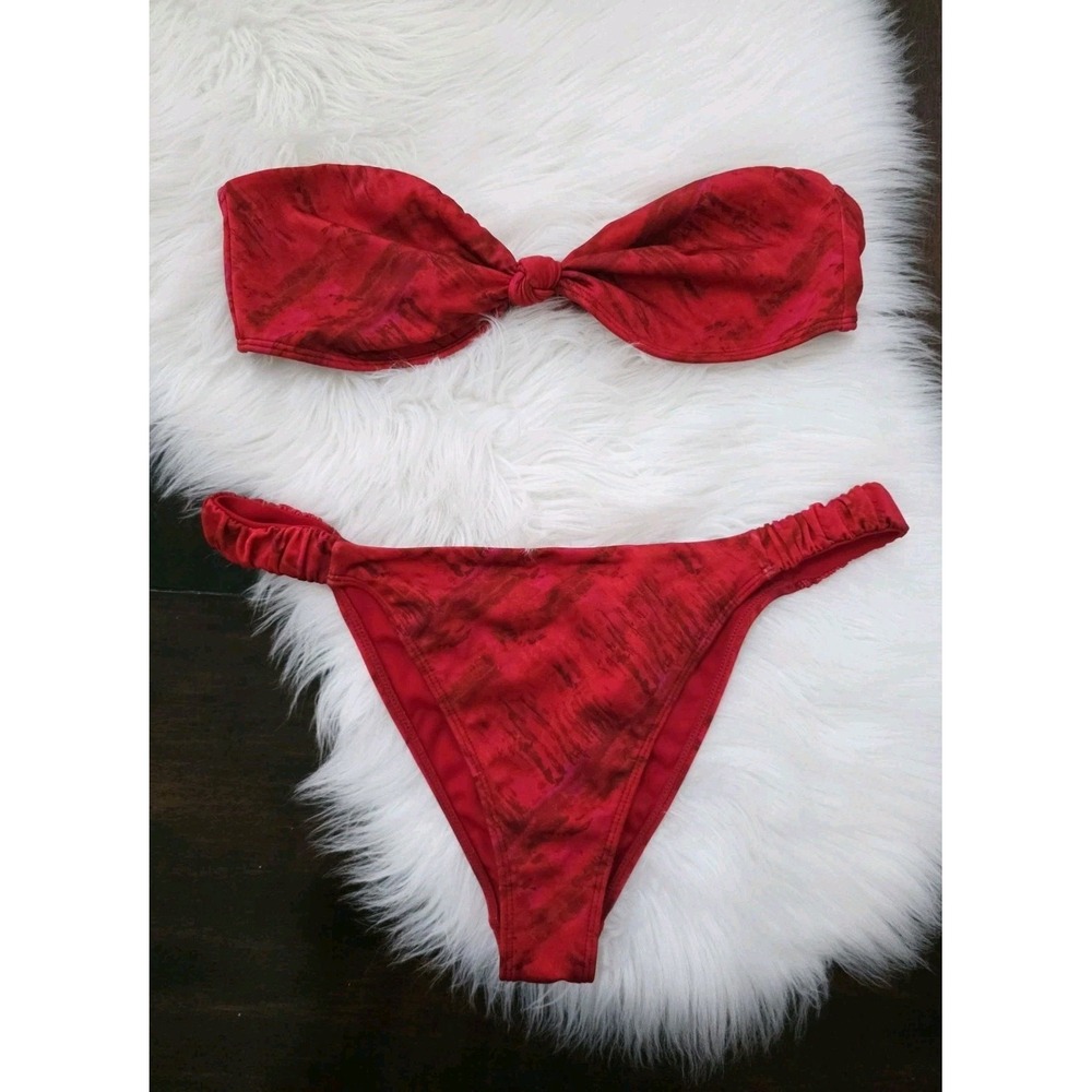 PACSUN Eco Bikini Set Women's Size S Top Medium Bottoms Red Strapless Swim Suit